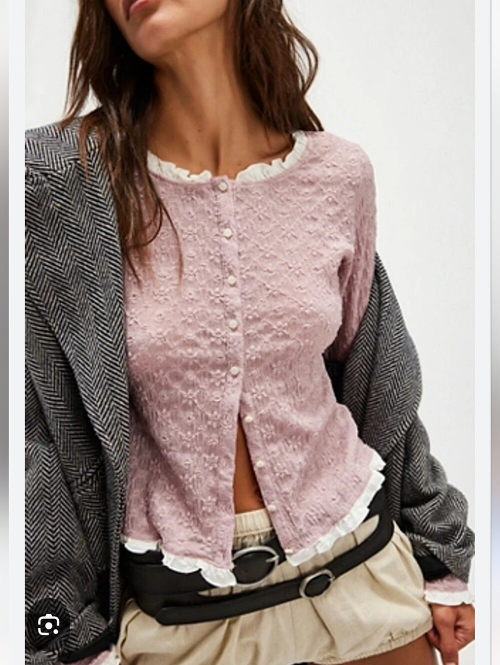 FREE PEOPLE Blackbird Textured Cardigan In Park City Lilac Ruffle Trim Small EUC